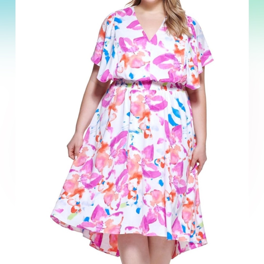 DKNY Plus Size Flutter Sleeve Smock Dress Floral Dress, Size 18w